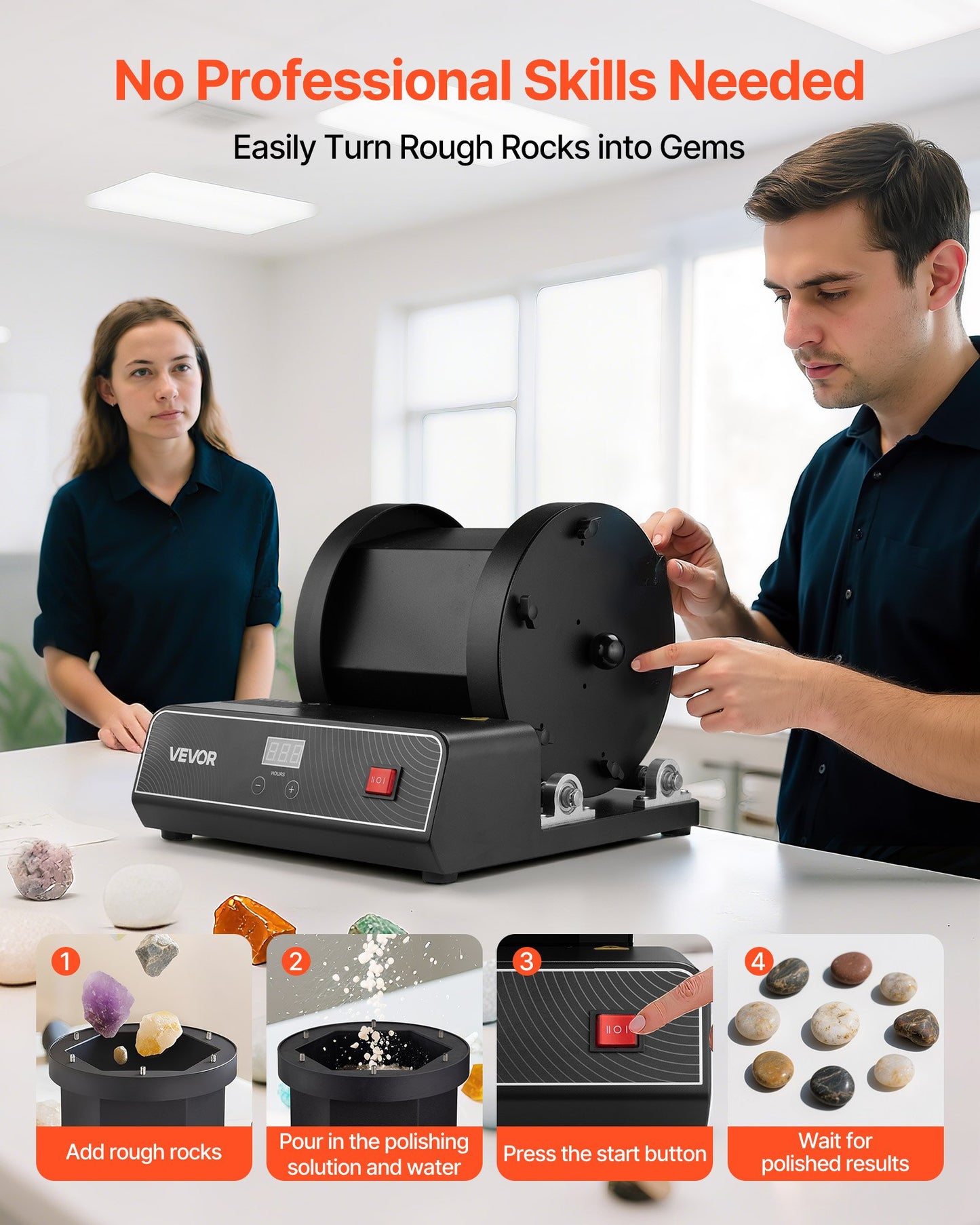 Rock Tumbler Kit, 17 lbs Rock Polishing Kit, 2-Speed Stone Polishing Kit with 240-Hour Polishing Timer, Rock Polisher with Belt-Driven Brushless Motor, Rock Polisher for Adults and Kids