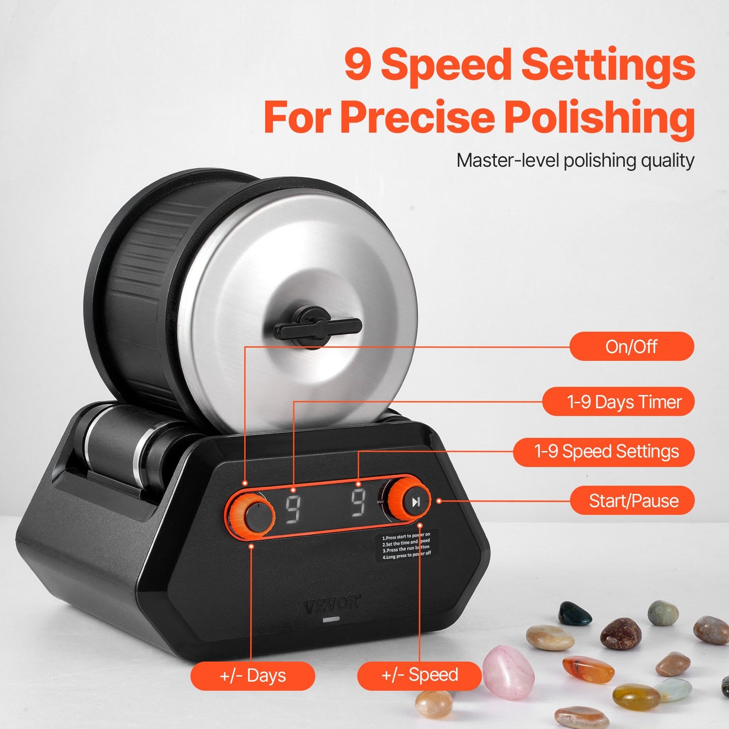 Steinpolierset, 1,8 kg, Steinpolierer, 9 Geschwindigkeiten, 9 Tage Timer mit Körnung