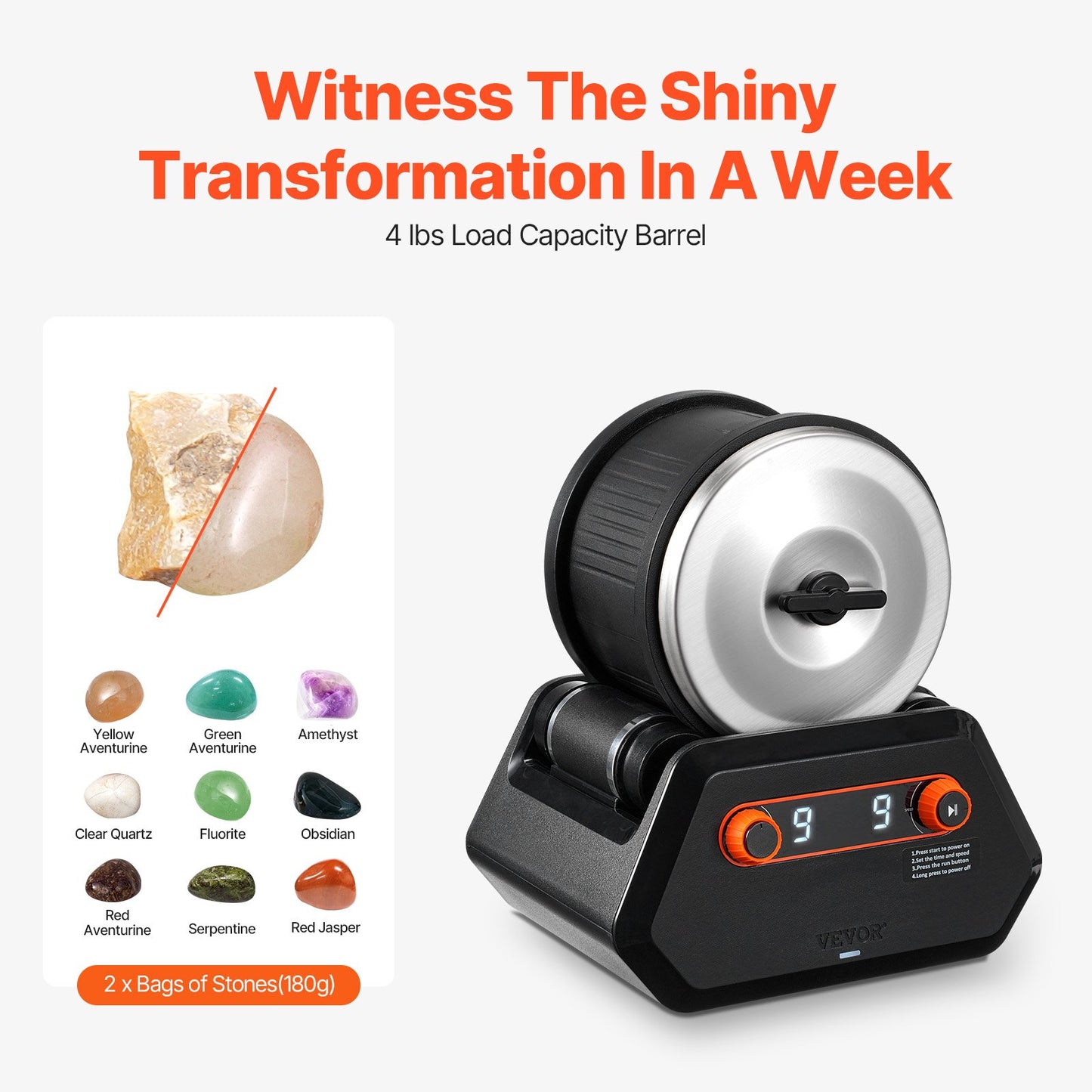 Steinpolierset, 1,8 kg, Steinpolierer, 9 Geschwindigkeiten, 9 Tage Timer mit Körnung