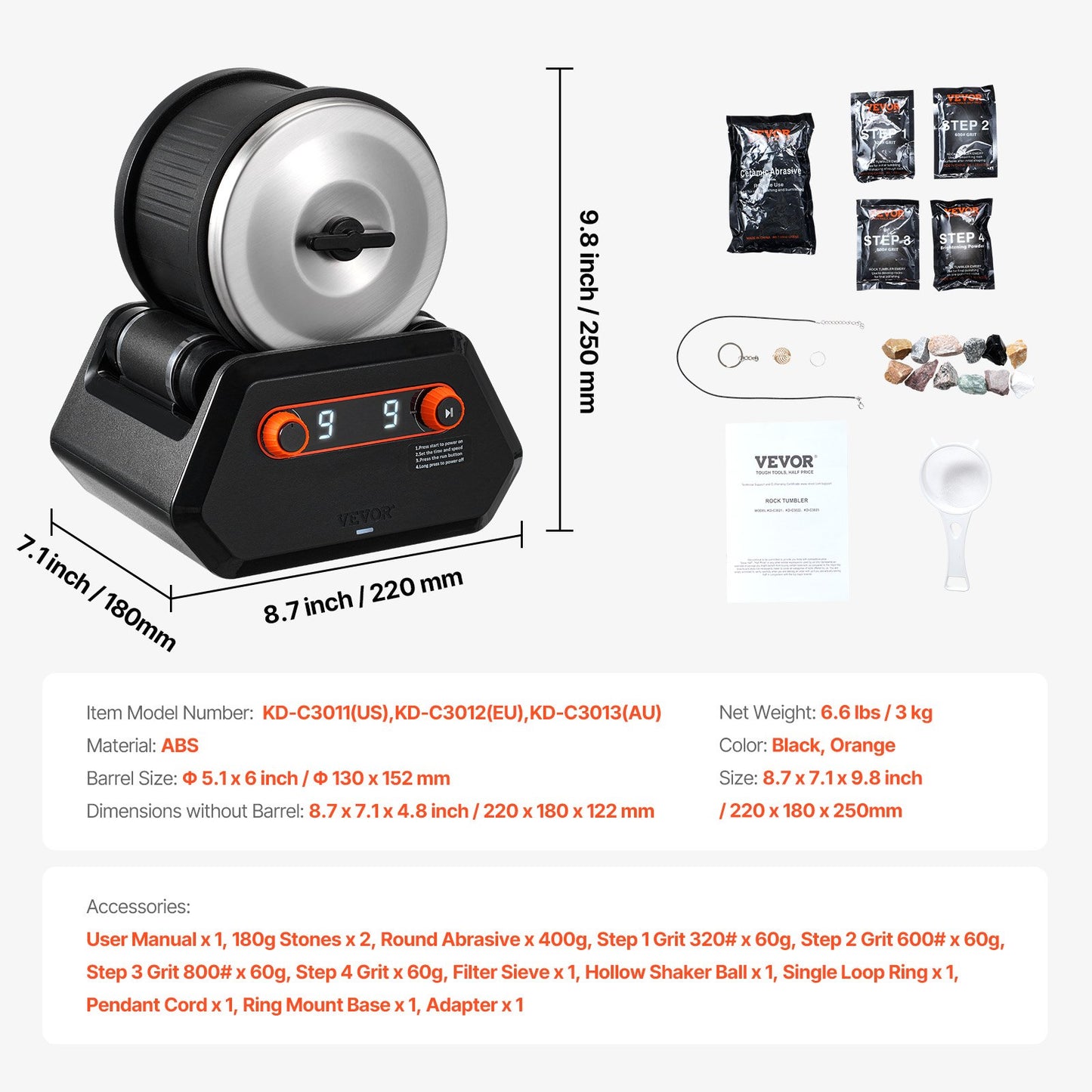 Steinpolierset, 1,8 kg, Steinpolierer, 9 Geschwindigkeiten, 9 Tage Timer mit Körnung