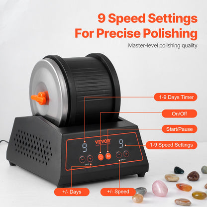 Rock Tumbler Machine, 4 lbs Rock Polishing Machine, 9 Speed Settings 9-Day Polishing Timer Stone Tumbler, Direct Drive Motor Rock Polisher, Cold-rolled Steel Body, Rock Polisher for Kids Adults