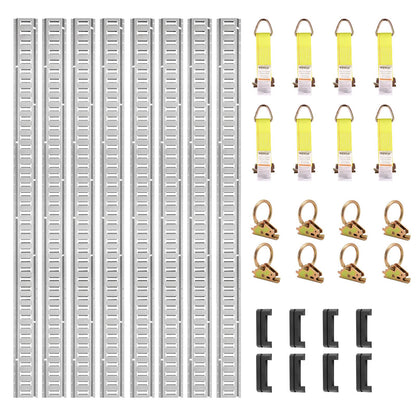 E-Track-Zurrschienen-Kit, 34-teiliges 5-Fuß-E-Track-Set, enthält 8 Stahlschienen und 2 Einzelschienen und 8 O-Ringe und 8 Befestigungselemente mit D-Ring und 8 Endkappen, Befestigungszubehör für Fracht, Motorräder und Fahrräder