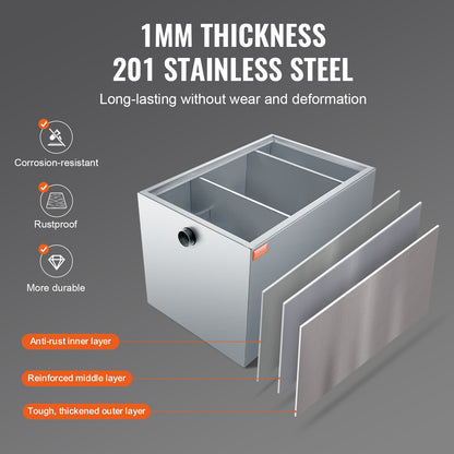 Commercial Grease Trap, 40 LBS Grease Interceptor, Side Inlet Interceptor, Under Sink Stainless Steel Grease Trap, 10 GPM Waste Water Oil-water Separator, for Restaurant Canteen Home Kitchen