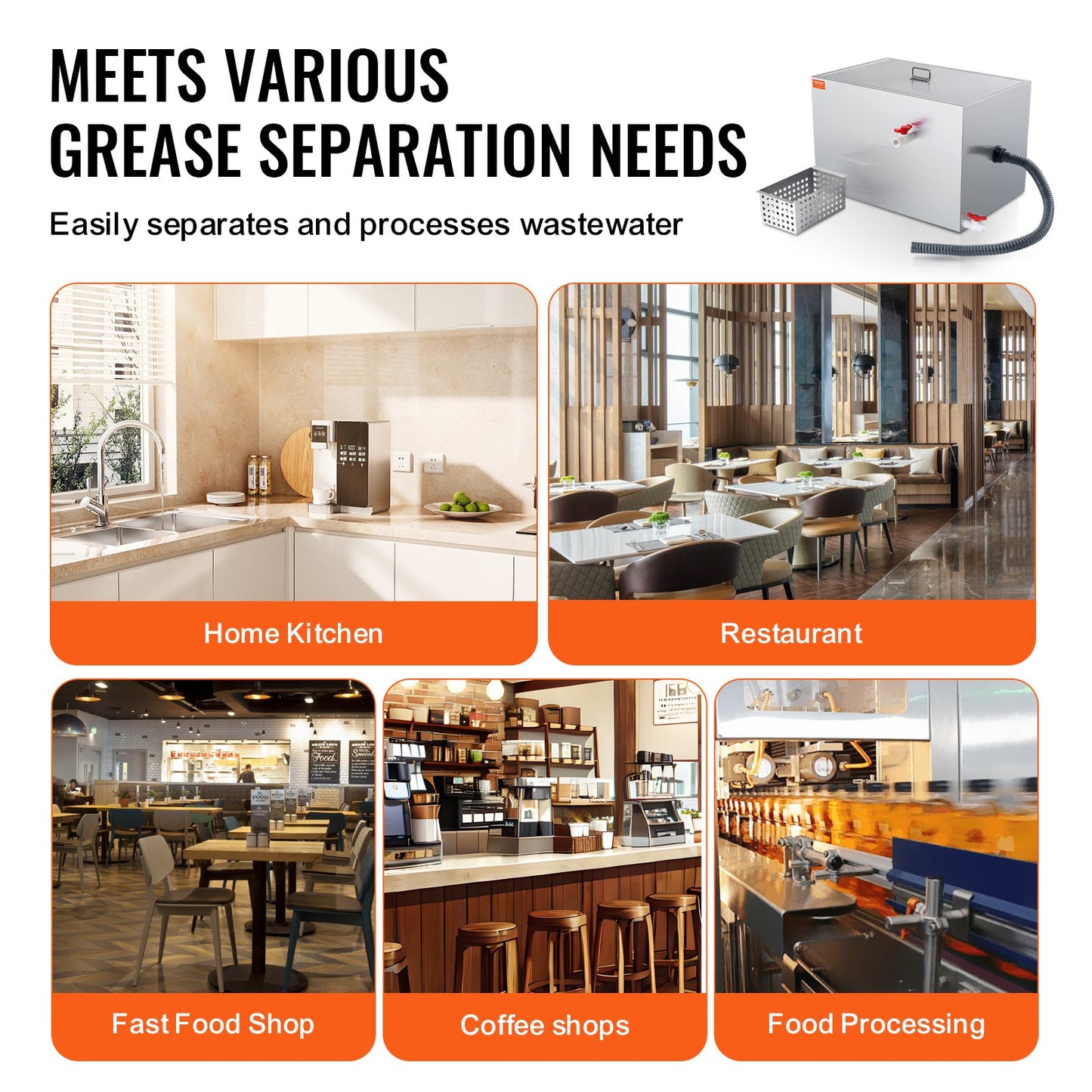 Commercial Grease Trap, 40 LBS Grease Interceptor, Side Inlet Interceptor, Under Sink Stainless Steel Grease Trap, 10 GPM Waste Water Oil-water Separator, for Restaurant Canteen Home Kitchen