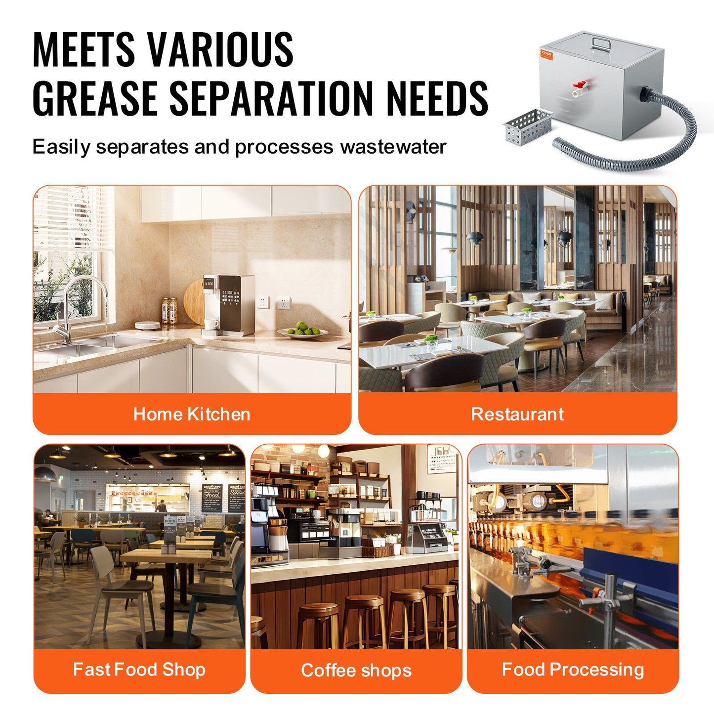 Kommersiell fettavskiljare, 8 LBS fettavskiljare, sidoinloppsavskiljare, fettavskiljare under diskbänken i rostfritt stål, 2,8 GPM spillvatten Olje-vattenavskiljare, för restaurangmatsal hemkök