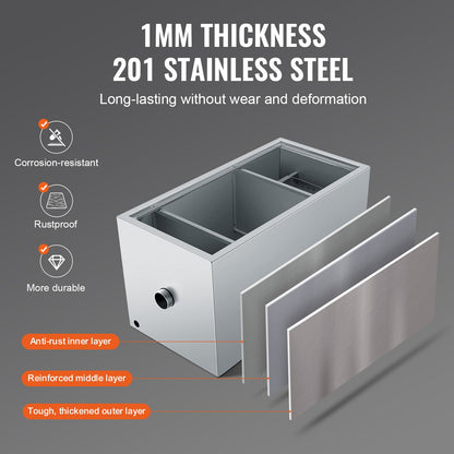 Commercial Grease Trap, 25 LBS Grease Interceptor, Top Inlet Interceptor, Under Sink Stainless Steel Grease Trap, 6.4 GPM Waste Water Oil-water Separator, for Restaurant Canteen Home Kitchen