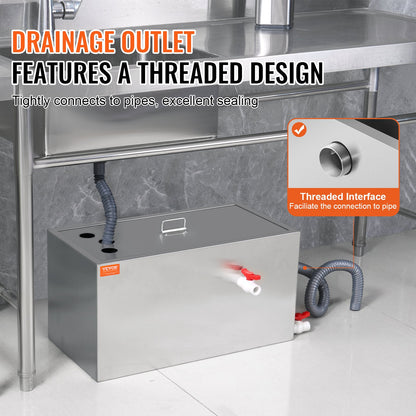 Commercial Grease Trap, 25 LBS Grease Interceptor, Top Inlet Interceptor, Under Sink Stainless Steel Grease Trap, 6.4 GPM Waste Water Oil-water Separator, for Restaurant Canteen Home Kitchen