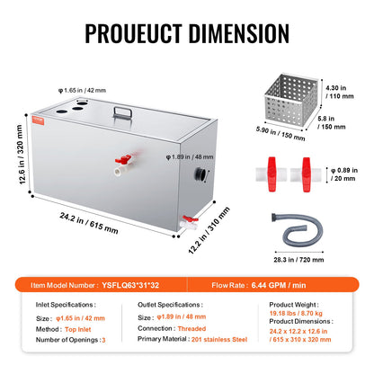 Commercial Grease Trap, 25 LBS Grease Interceptor, Top Inlet Interceptor, Under Sink Stainless Steel Grease Trap, 6.4 GPM Waste Water Oil-water Separator, for Restaurant Canteen Home Kitchen