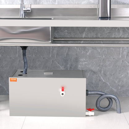 Commercial Grease Trap, 25 LBS Grease Interceptor, Top Inlet Interceptor, Under Sink Stainless Steel Grease Trap, 6.4 GPM Waste Water Oil-water Separator, for Restaurant Canteen Home Kitchen