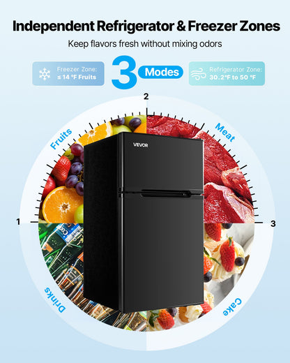 Mini Fridge with Freezer, 3.2 Cu.Ft, Two Door Compact Refrigerator, Adjustable Temperature, Shelf, Energy Efficient Small Fridge, Reversible Door, Low Noise, for Bedroom, Dorm, Office, Black