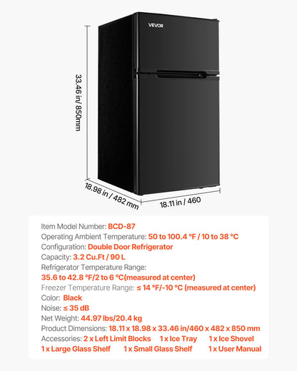 Mini Fridge with Freezer, 3.2 Cu.Ft, Two Door Compact Refrigerator, Adjustable Temperature, Shelf, Energy Efficient Small Fridge, Reversible Door, Low Noise, for Bedroom, Dorm, Office, Black
