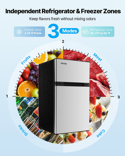 Mini Fridge with Freezer, 3.2 Cu.Ft, Two Door Compact Refrigerator, Adjustable Temperature, Shelf, Energy Efficient Small Fridge, Reversible Door, Low Noise, for Bedroom, Dorm, Office, Stainless