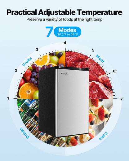 Mini Fridge, 3.2 Cu.Ft, Single Door Compact Refrigerator, Adjustable Temperature, Glass Shelf, Energy Efficient Small Refrigerator, Reversible Door, Low Noise, for Bedroom Dorm Office, Stainless