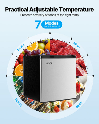 Mini Fridge, 1.6 Cu.Ft, Single Door Compact Refrigerator, Adjustable Temperature, Metal Shelf, Energy Efficient Small Refrigerator, Reversible Door, Low Noise, for Bedroom, Office, Stainless