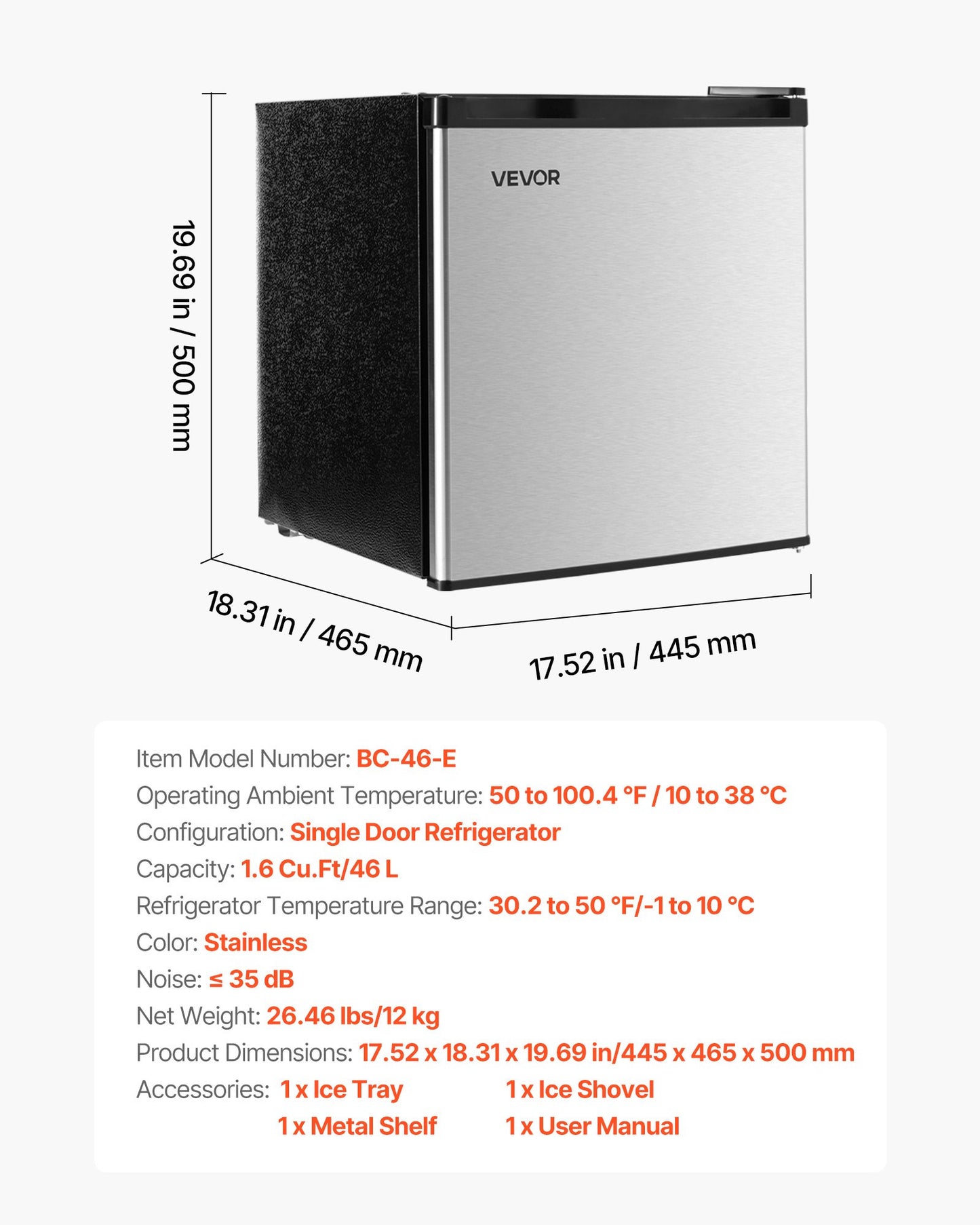 Mini Fridge, 1.6 Cu.Ft, Single Door Compact Refrigerator, Adjustable Temperature, Metal Shelf, Energy Efficient Small Refrigerator, Reversible Door, Low Noise, for Bedroom, Office, Stainless