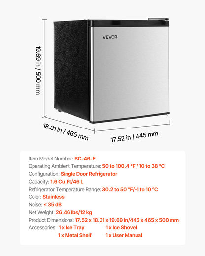 Mini Fridge, 1.6 Cu.Ft, Single Door Compact Refrigerator, Adjustable Temperature, Metal Shelf, Energy Efficient Small Refrigerator, Reversible Door, Low Noise, for Bedroom, Office, Stainless