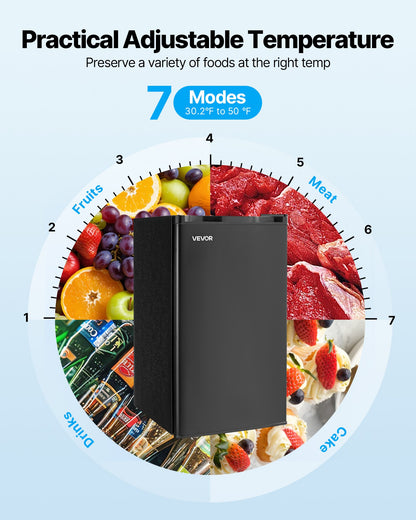 Mini Fridge, 3.2 Cu.Ft, Single Door Compact Refrigerator, Adjustable Temperature, Glass Shelf, Energy Efficient Small Refrigerator, Reversible Door, Low Noise, for Bedroom Dorm Office, Black