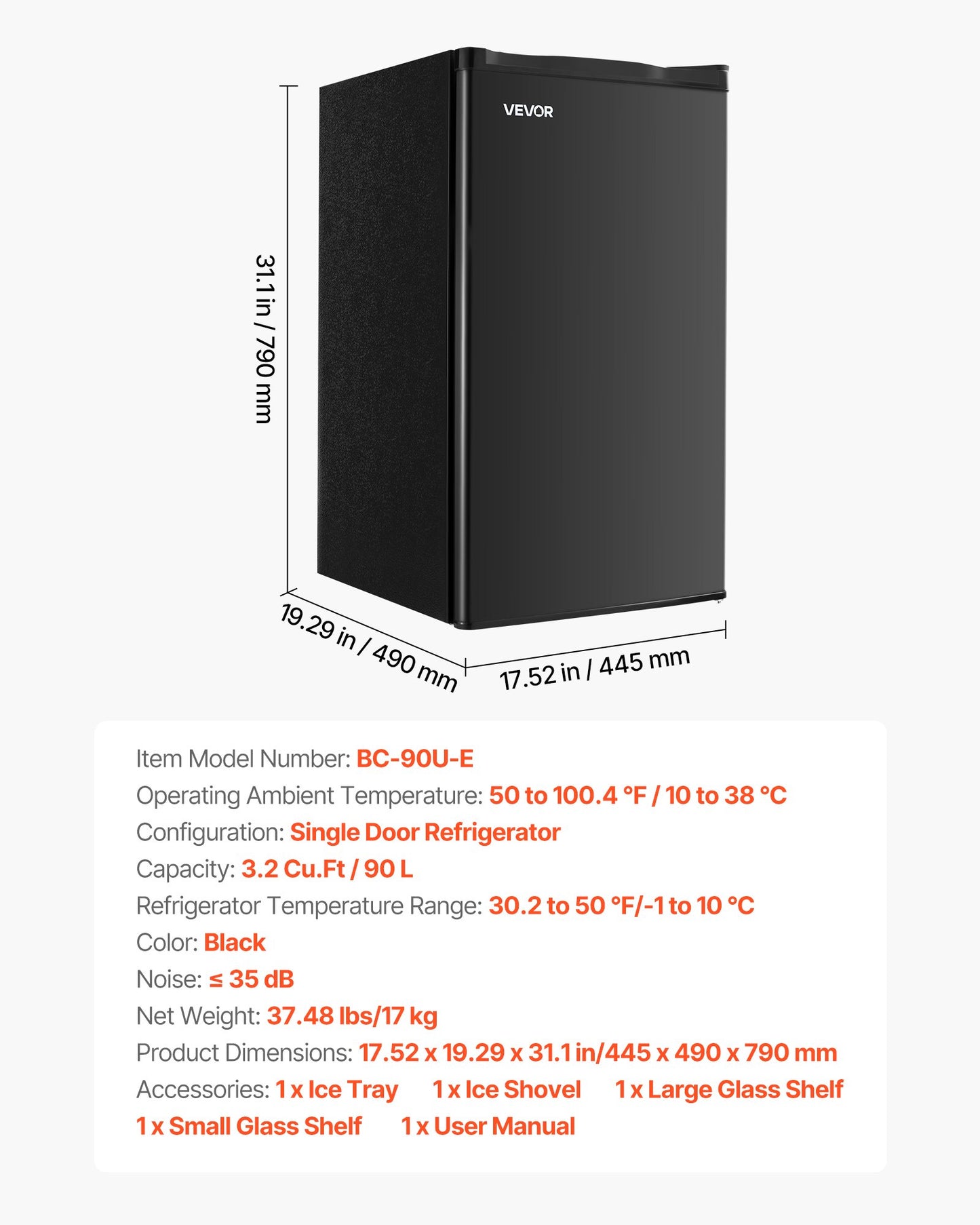 Mini Fridge, 3.2 Cu.Ft, Single Door Compact Refrigerator, Adjustable Temperature, Glass Shelf, Energy Efficient Small Refrigerator, Reversible Door, Low Noise, for Bedroom Dorm Office, Black