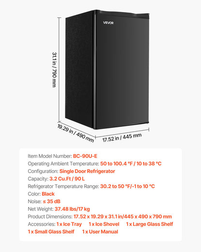 Mini Fridge, 3.2 Cu.Ft, Single Door Compact Refrigerator, Adjustable Temperature, Glass Shelf, Energy Efficient Small Refrigerator, Reversible Door, Low Noise, for Bedroom Dorm Office, Black