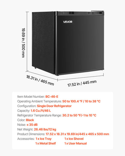 Mini Fridge, 1.6 Cu.Ft, Single Door Compact Refrigerator, Adjustable Temperature, Metal Shelf, Energy Efficient Small Refrigerator, Reversible Door, Low Noise, for Bedroom Dorm Office, Black