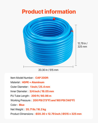Air Compressor Line Kit, 200FT x 3/4", HDPE-Aluminum Compressed Air Piping System, Leak-Proof & Easy-to-Install, Compressed Air Line Tubing Kit for Garages Workshops, Blue