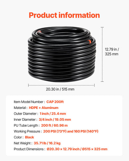 Luftkompressor-Leitungssatz 3/4'' x 200FT PU-Luftkompressor-Leitungssystem Schwarz