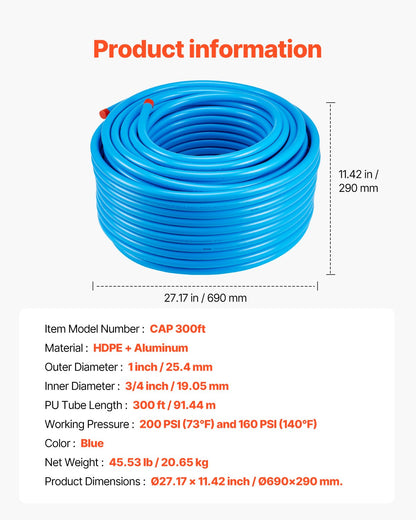 Air Compressor Line Kit, 300FT x 3/4", HDPE-Aluminum Compressed Air Piping System, Leak-Proof, Pressure-Resistant & Easy-to-Install, Compressed Air Line Tubing Kit for Garages Workshops, Blue