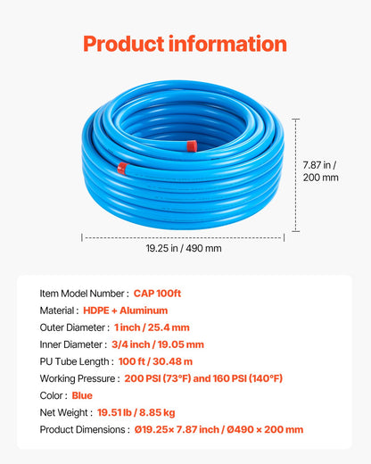 Luftkompressor-Leitungssatz 3/4'' x 100FT HDPE/Aluminium-Luftleitungssystem Blau