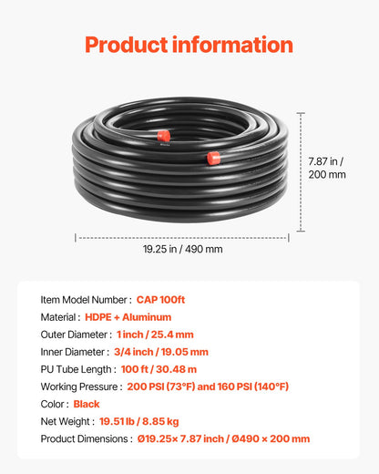 Air Compressor Line Kit 3/4'' x 100FT PU Air Compressor Line System Svart