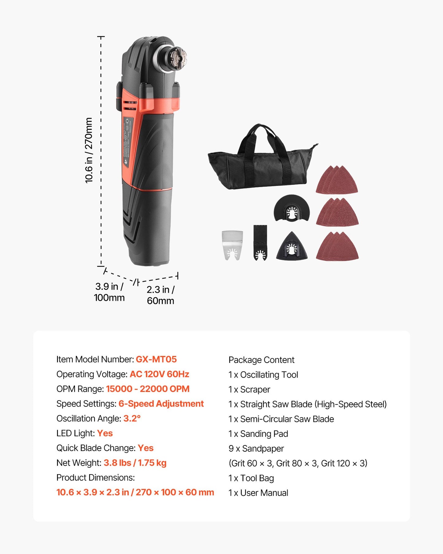 Multitool Oscillating Tool, 3Amps Corded Oscillating Multi Tool with 6 Variable Speeds 15000 - 22000 OPM, 3.2° Oscillating Angle, 13PCS Saw Accessories, LED Work Light & Tool Bag