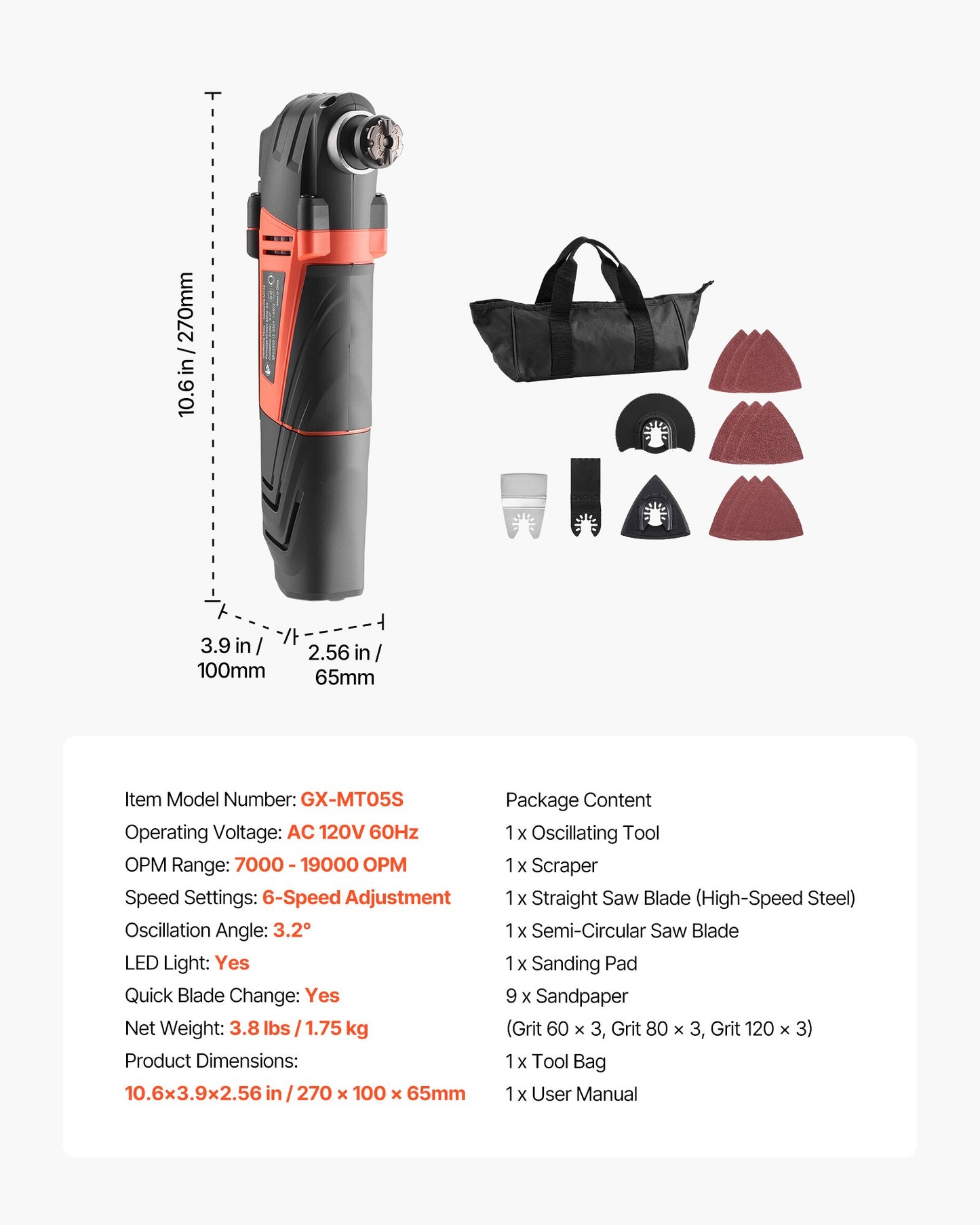 Multitool Oscillating Tool, 4Amps Electric Oscillating Multi Tool Corded with 6 Variable Speeds 7000 - 19000 OPM, 3.2° Oscillating Angle, 13PCS Saw Accessories, LED Work Light & Tool Bag