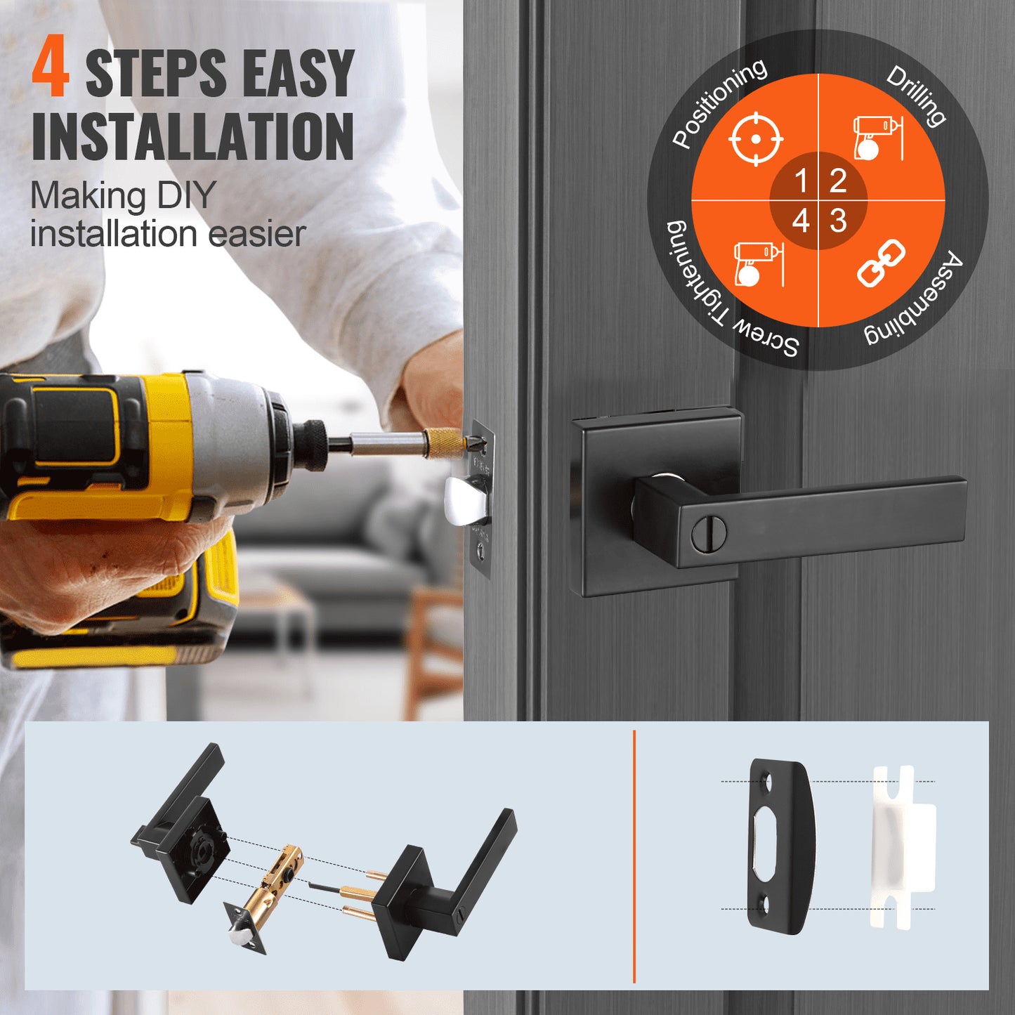 Privacy Door Handle, 10 Pack Matte Black Door Lever, Left or Right Handing Reversible Lever with Keyless Lock, 45° Rotation to Open, Universal Square Interior for Bedroom and Bathroom Doors