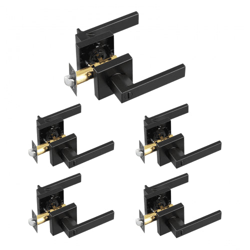 Privacy Door Handle, 5-Pack Matte Black Door Lever, Right or Left Handing Reversible Lever with Keyless Lock, 45° Rotation to Open, Universal Square Interior for Bathroom and Bedroom Doors