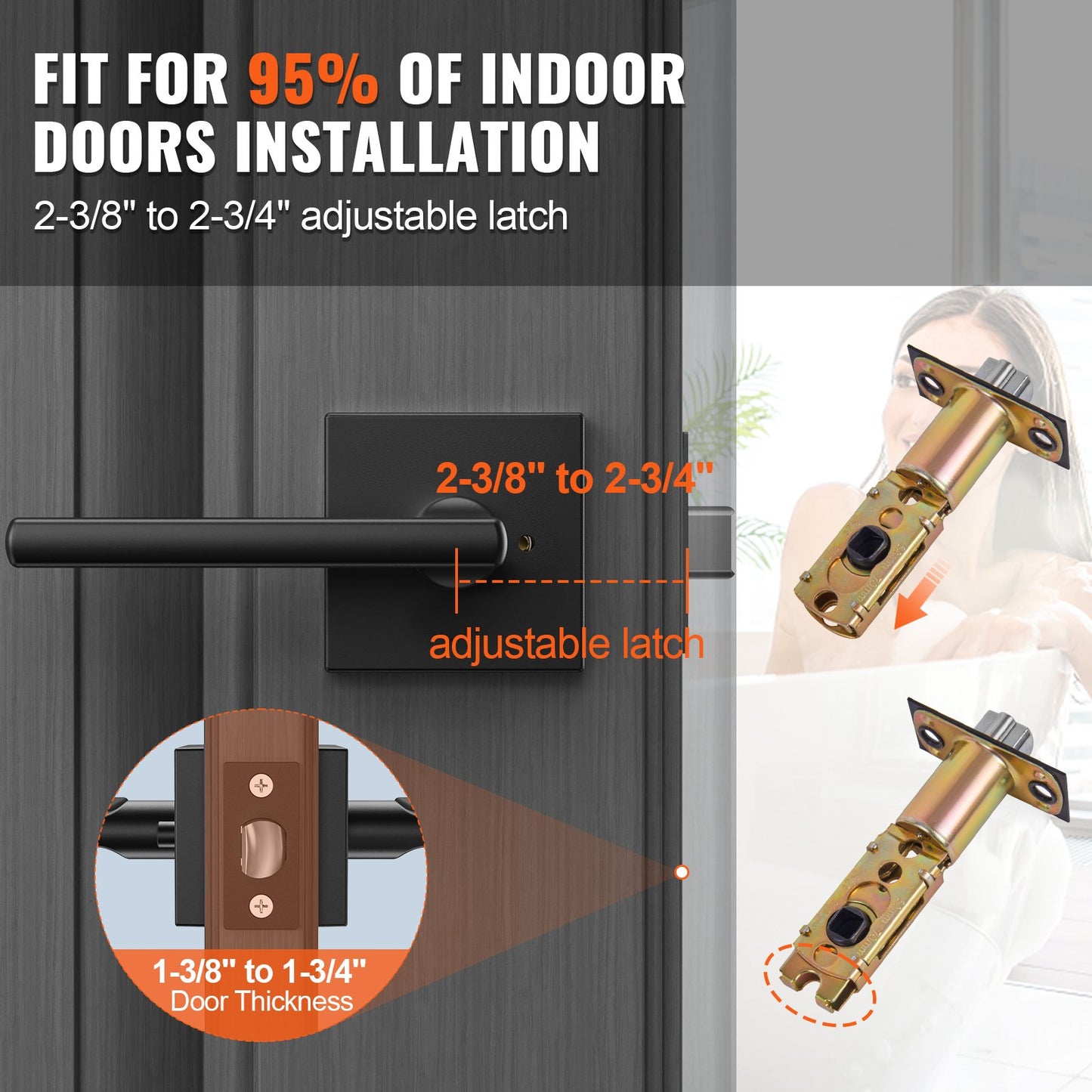 Privacy Door Handle, 5-Pack Matte Black Door Lever, Right or Left Handing Reversible Lever with Keyless Lock, 45° Rotation to Open, Universal Square Interior for Bathroom and Bedroom Doors