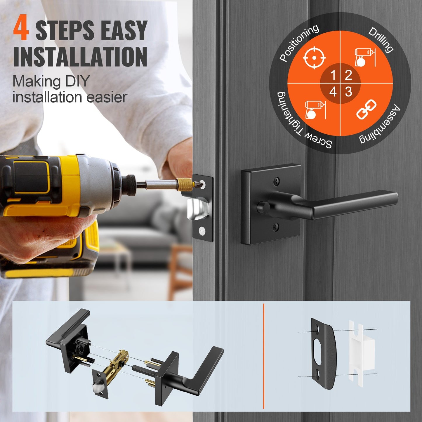 Privacy Door Handle, 5-Pack Matte Black Door Lever, Right or Left Handing Reversible Lever with Keyless Lock, 45° Rotation to Open, Universal Square Interior for Bathroom and Bedroom Doors