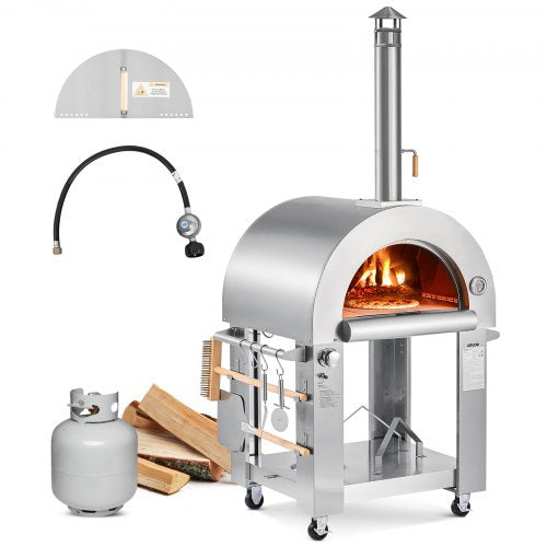 Dual Fuel Pizza Oven Outdoor, 26 in Portable Pizza Oven, Pellet & Gas Powered Outdoor Pizza-Maker with Thickened Cordierite Pizza-Stone, Easy to Move with Casters, for Camping and Backyard