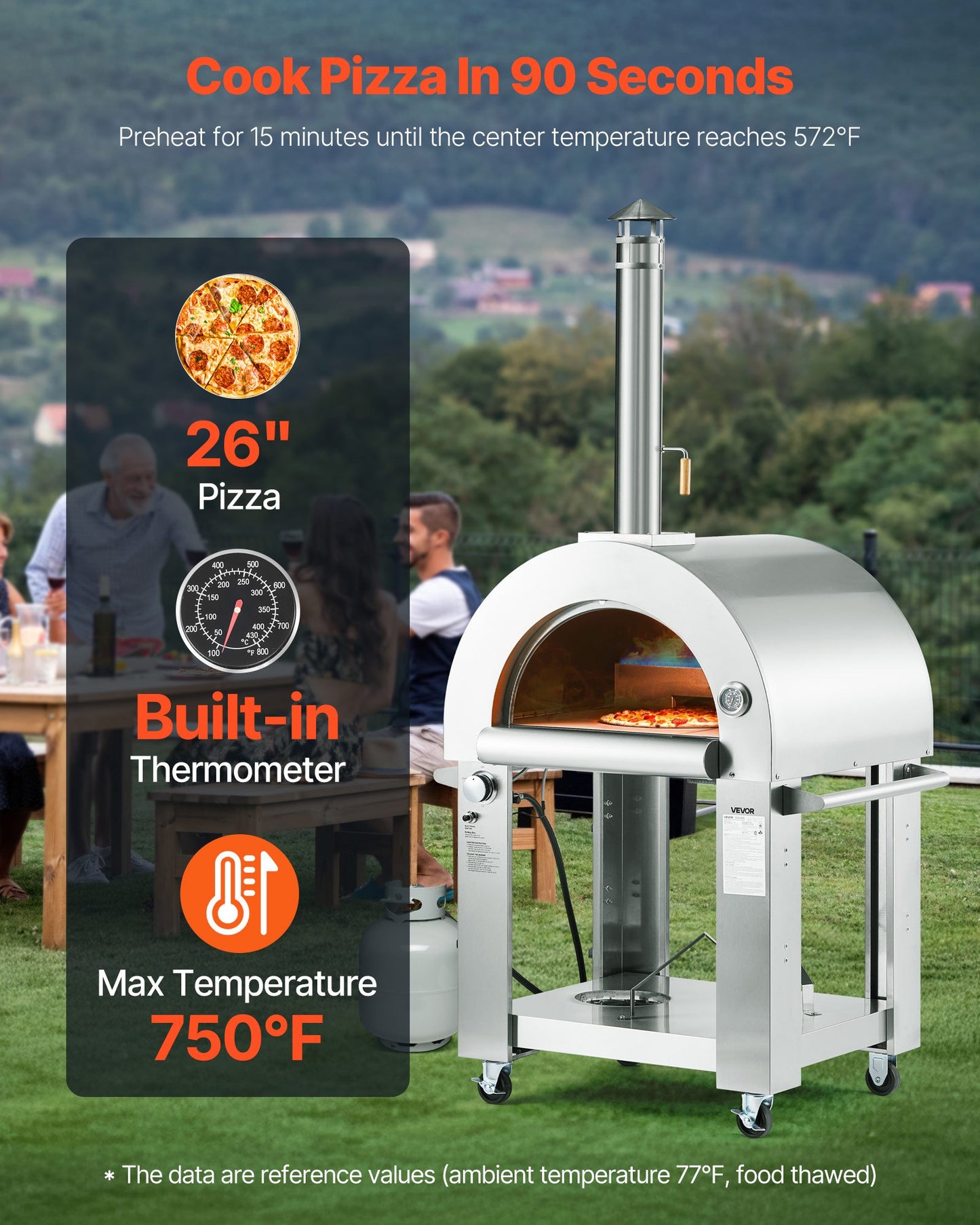 Dual Fuel Pizza Oven Outdoor, 26 in Portable Pizza Oven, Pellet & Gas Powered Outdoor Pizza-Maker with Thickened Cordierite Pizza-Stone, Easy to Move with Casters, for Camping and Backyard