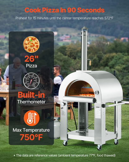 Dual Fuel Pizza Oven Outdoor, 26 in Portable Pizza Oven, Pellet & Gas Powered Outdoor Pizza-Maker with Thickened Cordierite Pizza-Stone, Easy to Move with Casters, for Camping and Backyard