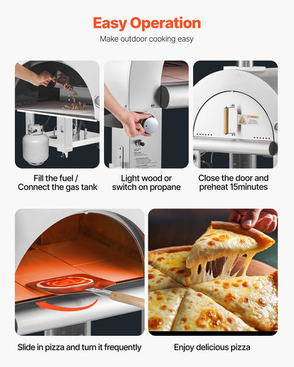 Dual Fuel Pizza Oven Outdoor, 26 in Portable Pizza Oven, Pellet & Gas Powered Outdoor Pizza-Maker with Thickened Cordierite Pizza-Stone, Easy to Move with Casters, for Camping and Backyard