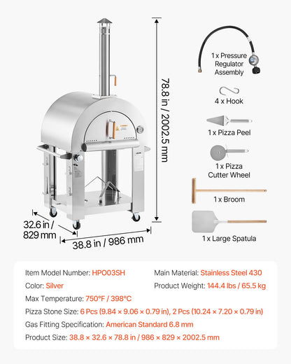 Dual Fuel Pizza Oven Outdoor, 26 in Portable Pizza Oven, Pellet & Gas Powered Outdoor Pizza-Maker with Thickened Cordierite Pizza-Stone, Easy to Move with Casters, for Camping and Backyard