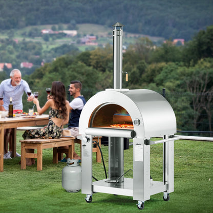 Dual Fuel Pizza Oven Outdoor, 26 in Portable Pizza Oven, Pellet & Gas Powered Outdoor Pizza-Maker with Thickened Cordierite Pizza-Stone, Easy to Move with Casters, for Camping and Backyard