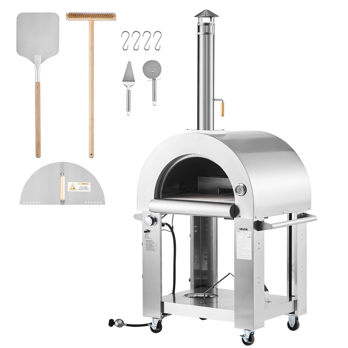 Dual Fuel Pizza Oven Outdoor, 26 in Portable Pizza Oven, Pellet & Gas Powered Outdoor Pizza-Maker with Thickened Cordierite Pizza-Stone, Easy to Move with Casters, for Camping and Backyard