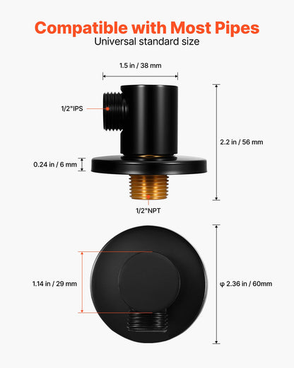 Wall Mounted Supply Elbow, Wall Supply Elbow with O-Ring Flange, Tapered 1/2" NPT Female Inlet, Solid Brass Wall Union, Round Walls Union Water Supplying, Matte Black Finish, 1/2" IPS