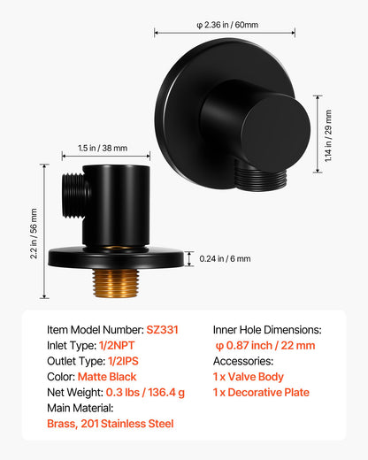 Wall Mounted Supply Elbow, Wall Supply Elbow with O-Ring Flange, Tapered 1/2" NPT Female Inlet, Solid Brass Wall Union, Round Walls Union Water Supplying, Matte Black Finish, 1/2" IPS