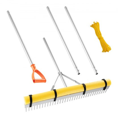 Landscape Rake, 36 inch Wide Head 102 inch Handle, Large Heavy Duty Aluminum Landscaping Leaf Rake Tool, Asphalt Level for Loosening Soil, Garden & Yard, Pond Gravel & Beach Lawn Care, 52ft Rope