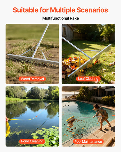 Landscape Rake, 36 inch Wide Head 102 inch Handle, Large Heavy Duty Aluminum Landscaping Leaf Rake Tool, Asphalt Level for Loosening Soil, Garden & Yard, Pond Gravel & Beach Lawn Care, 52ft Rope