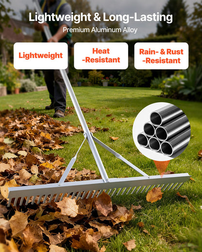 Landscape Rake, 36 inch Wide Head 102 inch Handle, Large Heavy Duty Aluminum Landscaping Leaf Rake Tool, Asphalt Level for Loosening Soil, Garden & Yard, Pond Gravel & Beach Lawn Care, 52ft Rope