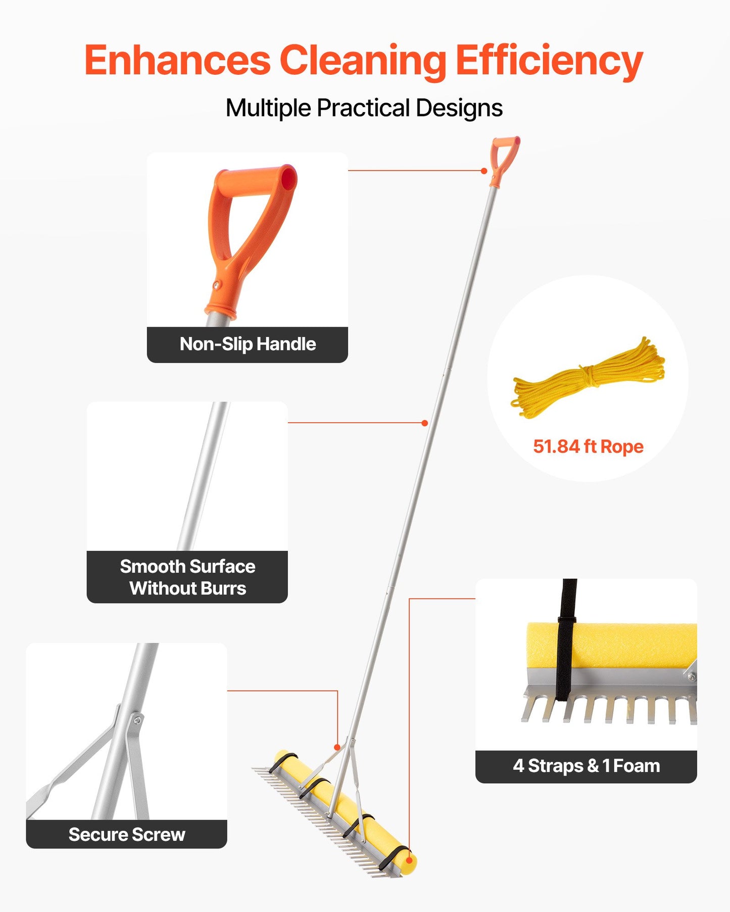 Landscape Rake, 36 inch Wide Head 102 inch Handle, Large Heavy Duty Aluminum Landscaping Leaf Rake Tool, Asphalt Level for Loosening Soil, Garden & Yard, Pond Gravel & Beach Lawn Care, 52ft Rope