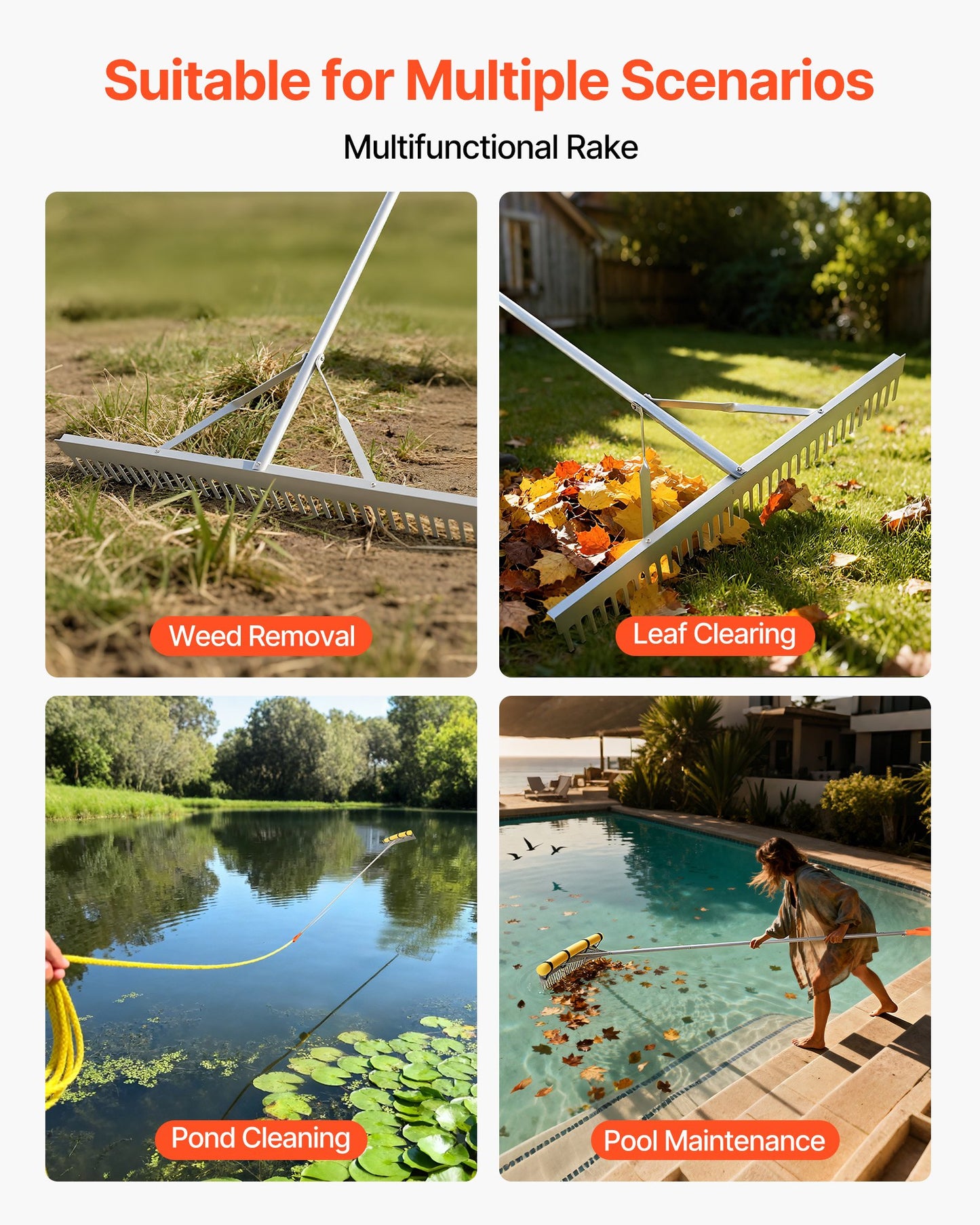 Landscape Rake, 36 inch Wide Head 133 inch Handle, Large Heavy Duty Aluminum Landscaping Leaf Rake Tool, Asphalt Level for Loosening Soil, Garden & Yard, Pond Gravel & Beach Lawn Care, 52ft Rope