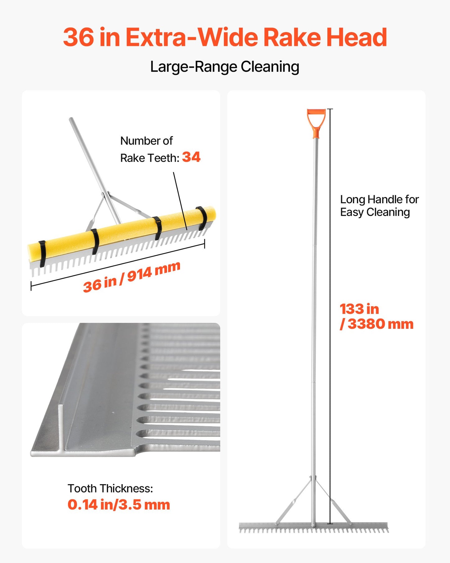 Landscape Rake, 36 inch Wide Head 133 inch Handle, Large Heavy Duty Aluminum Landscaping Leaf Rake Tool, Asphalt Level for Loosening Soil, Garden & Yard, Pond Gravel & Beach Lawn Care, 52ft Rope